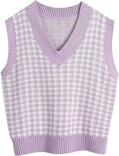 Women's knitted vest houndstooth V-neck sleeveless sweater vest