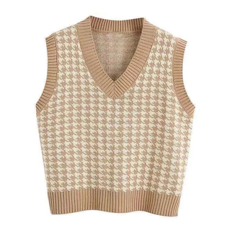 Women's knitted vest houndstooth V-neck sleeveless sweater vest