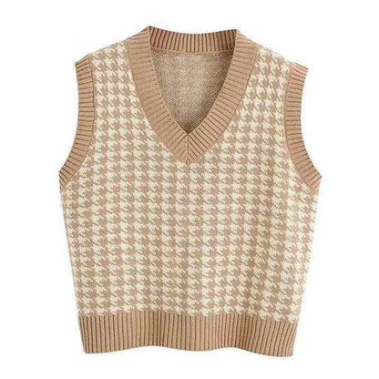 Women's knitted vest houndstooth V-neck sleeveless sweater vest