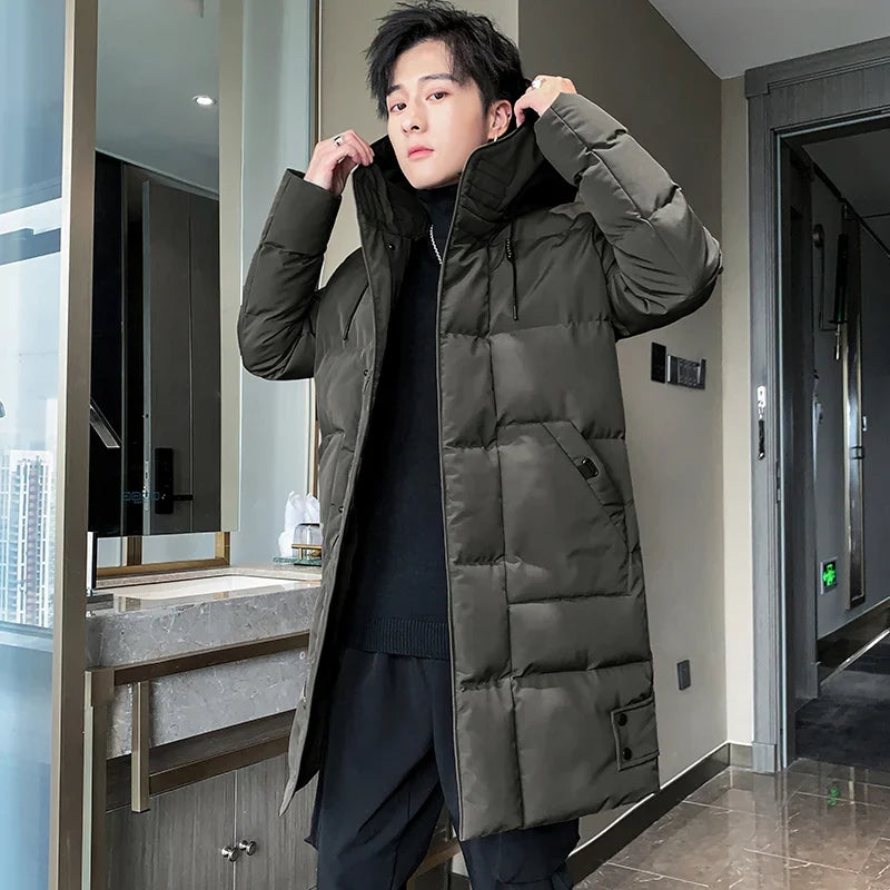 Men's long down coat, winter padded quilted coat with hood