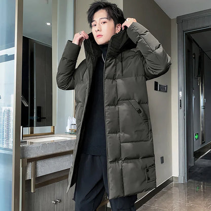 Men's long down coat, winter padded quilted coat with hood