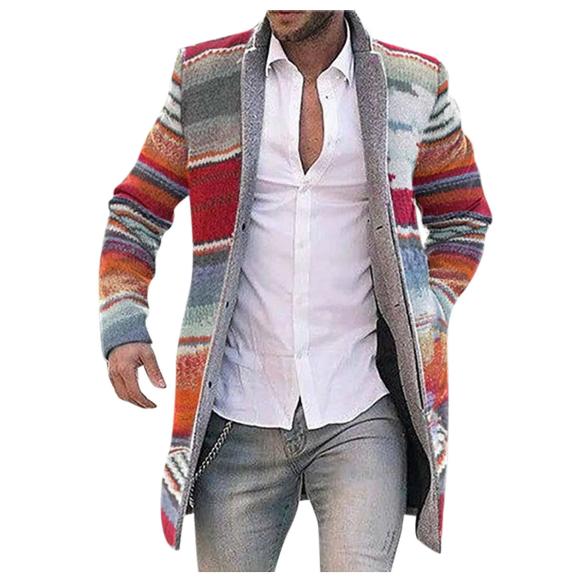 Men's long striped cardigan with button placket, multicolored