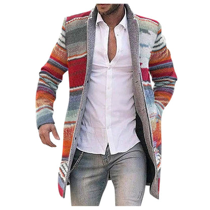 Men's long striped cardigan with button placket, multicolored