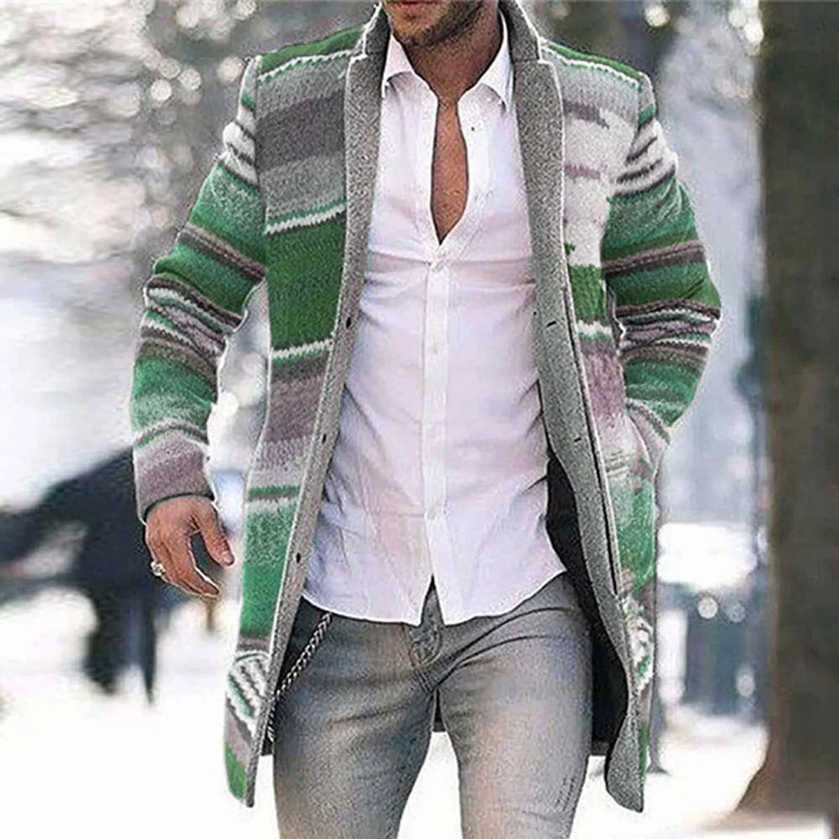 Men's long striped cardigan with button placket, multicolored