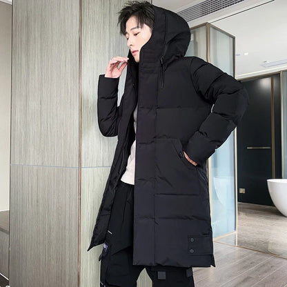 Men's long down coat, winter padded quilted coat with hood