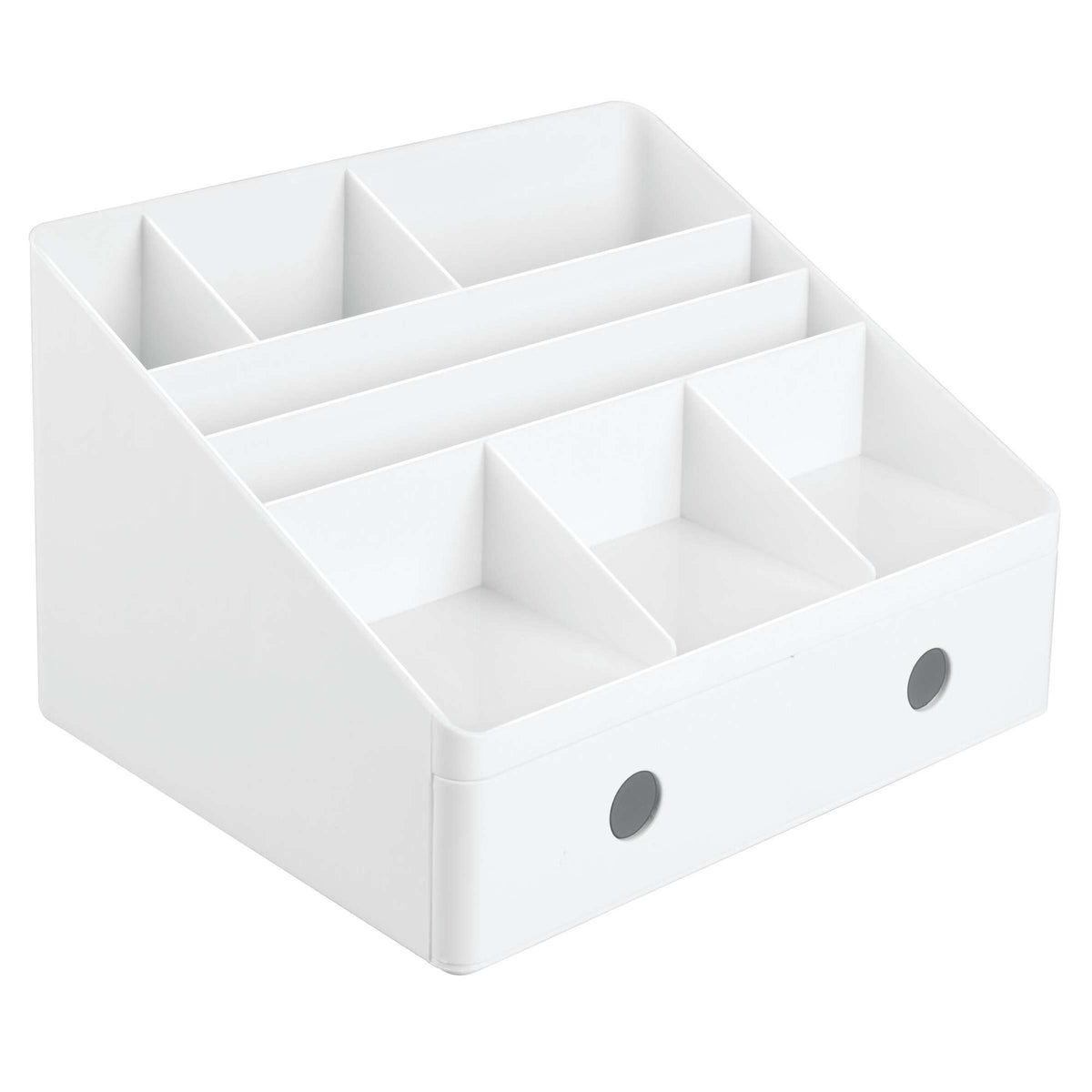 Witte bureau-organizer met zeven vakken en een lade met twee ronde grijze grepen