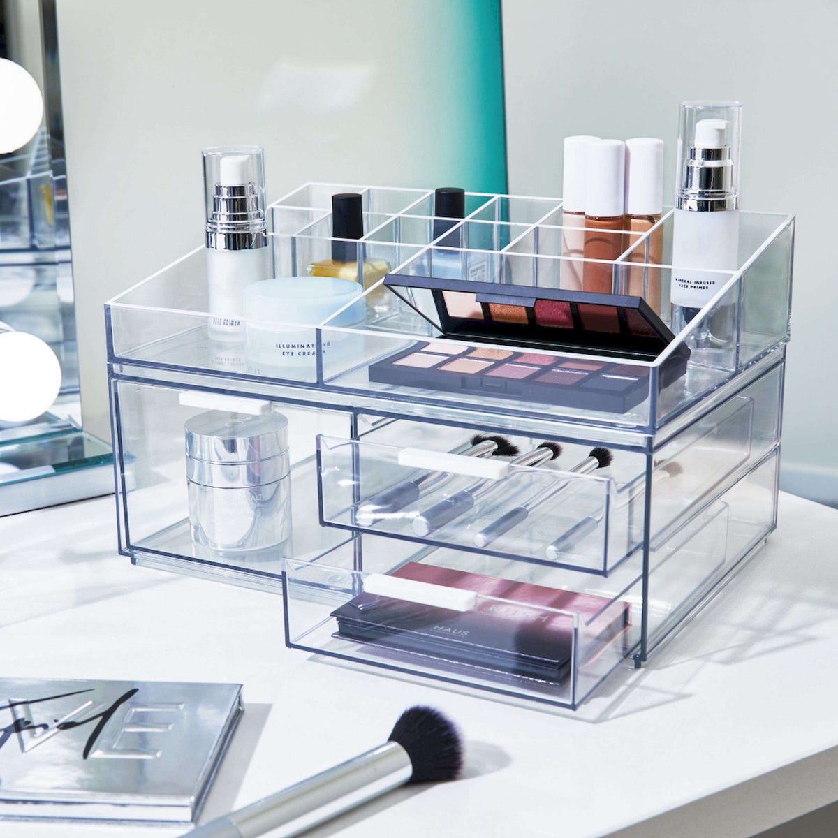 Make-up organizer transparant met 3 lades en displaytray op het deksel, 30,5 x 20,3 x 11,4 cm