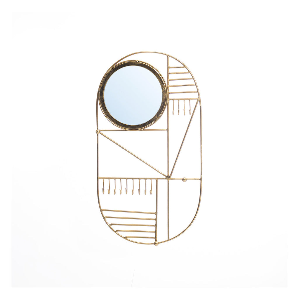 Ovale wandhanger van dun messingkleurig draad met kleine ronde spiegel, haakjes en geometrisch lijnenpatroon