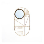 Ovale wandhanger van dun messingkleurig draad met kleine ronde spiegel, haakjes en geometrisch lijnenpatroon