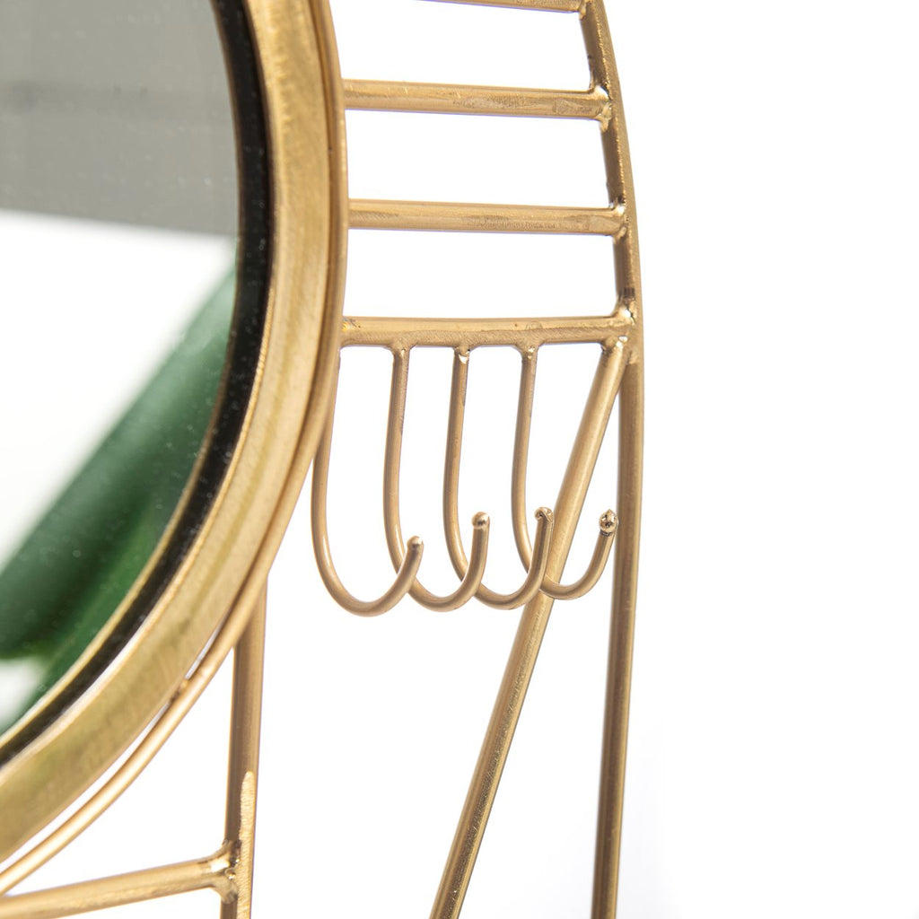 Wandhanger met spiegel messing, geometrisch design met haakjes en kleine ronde spiegel, 52 cm hoog