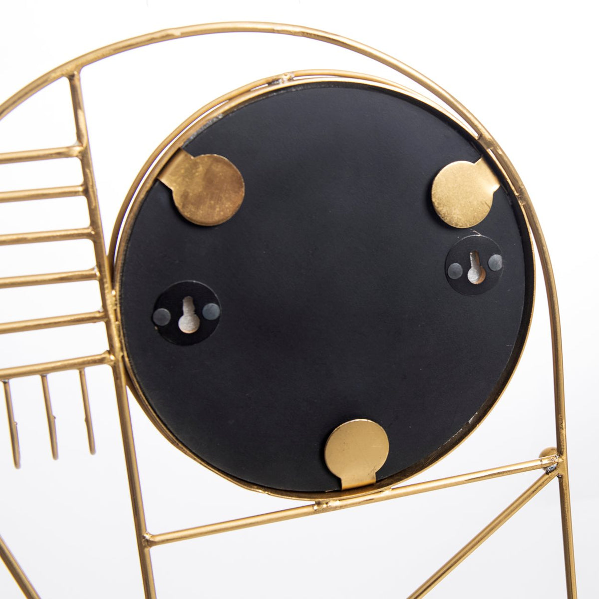 Wandhanger met spiegel messing, geometrisch design met haakjes en kleine ronde spiegel, 52 cm hoog