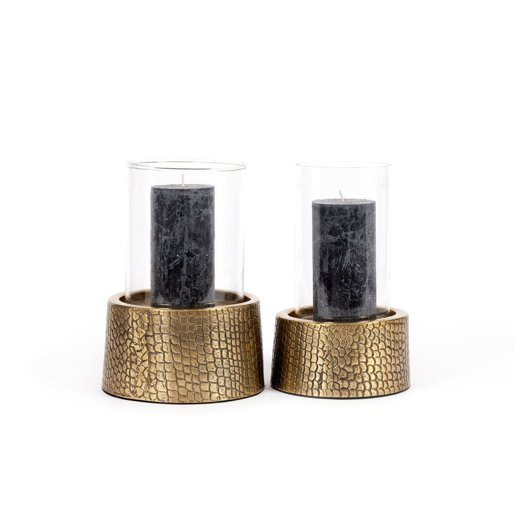 Kandelaar aluminium en glas Croco messing, 24 x 17 x 17 cm, voor stompkaarsen