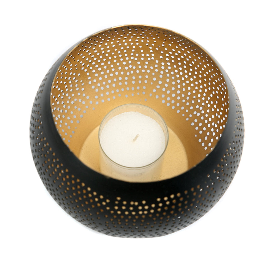 Kandelaar messing Doorboorde Bol M, zwart goud, handgemaakt – Ø 12 x 15 cm