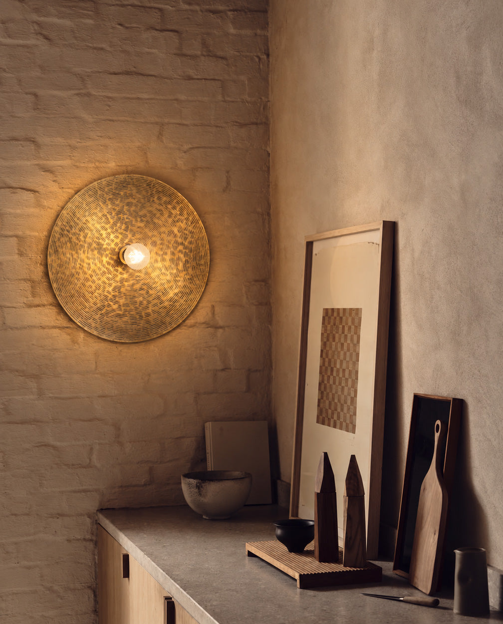 Wandlamp ijzer Full Moon messing, handgemaakt, 55 x 55 cm, voor woonkamer en slaapkamer