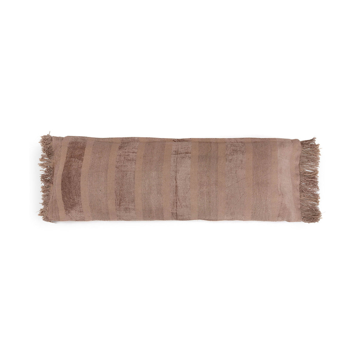 Langwerpige kussenhoes in taupe-bruin fluweel met verticale banen en franjes aan beide korte zijden