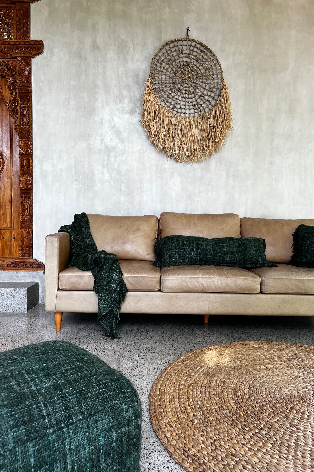 Kussenhoes katoen boho Oh My Gee, bosgroen, 35 x 100 cm, met franjes voor woonkamer en slaapkamer