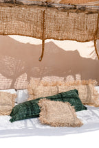Kussenhoes katoen boho Oh My Gee, bosgroen, 35 x 100 cm, met franjes voor woonkamer en slaapkamer
