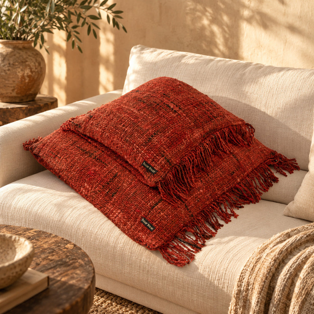 Kussenhoes katoen boho The Oh My Gee, kersrood met franjes – 40 x 40 cm, woonkamer en slaapkamer