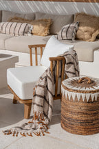 Plaid katoen handgeweven met franjes, boho, Bohemisch wit met bruine strepen – 170 x 130 cm