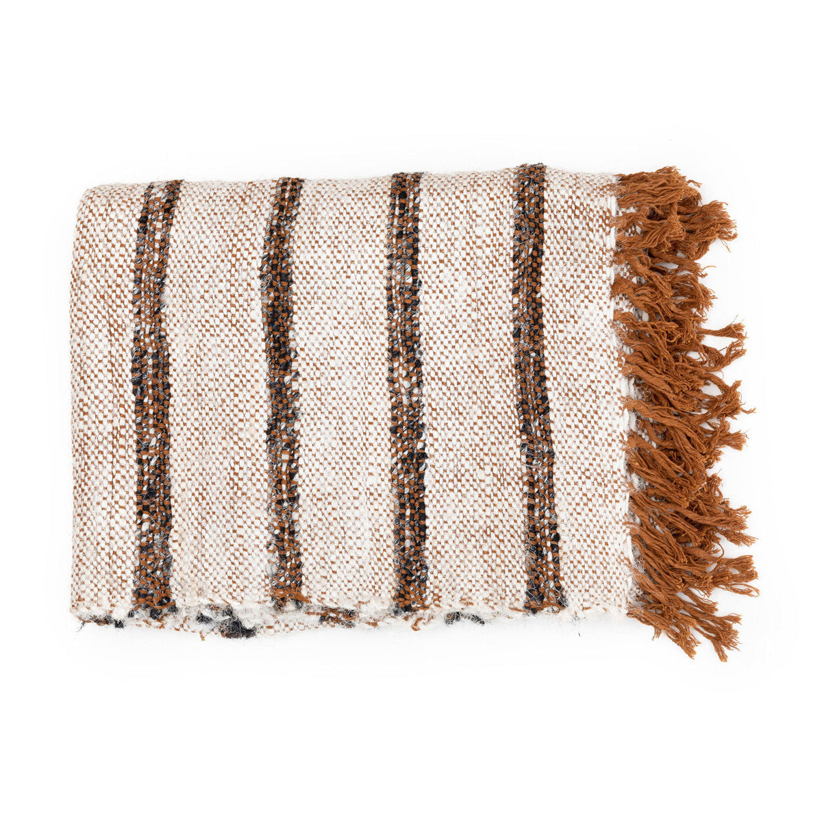Plaid katoen handgeweven met franjes, boho, Bohemisch wit met bruine strepen – 170 x 130 cm