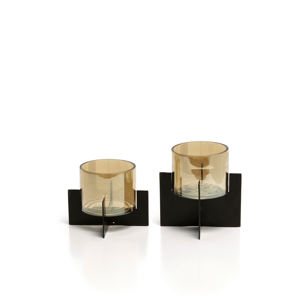 Windlicht kandelaar messing en glas, Hurricane X, zwart met amberkleurig glas, 13 x 13 x 13 cm