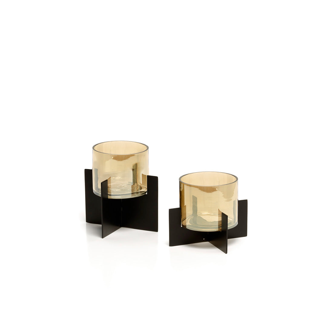 Windlicht kandelaar messing en glas, Hurricane X, zwart met amberkleurig glas, 13 x 13 x 13 cm