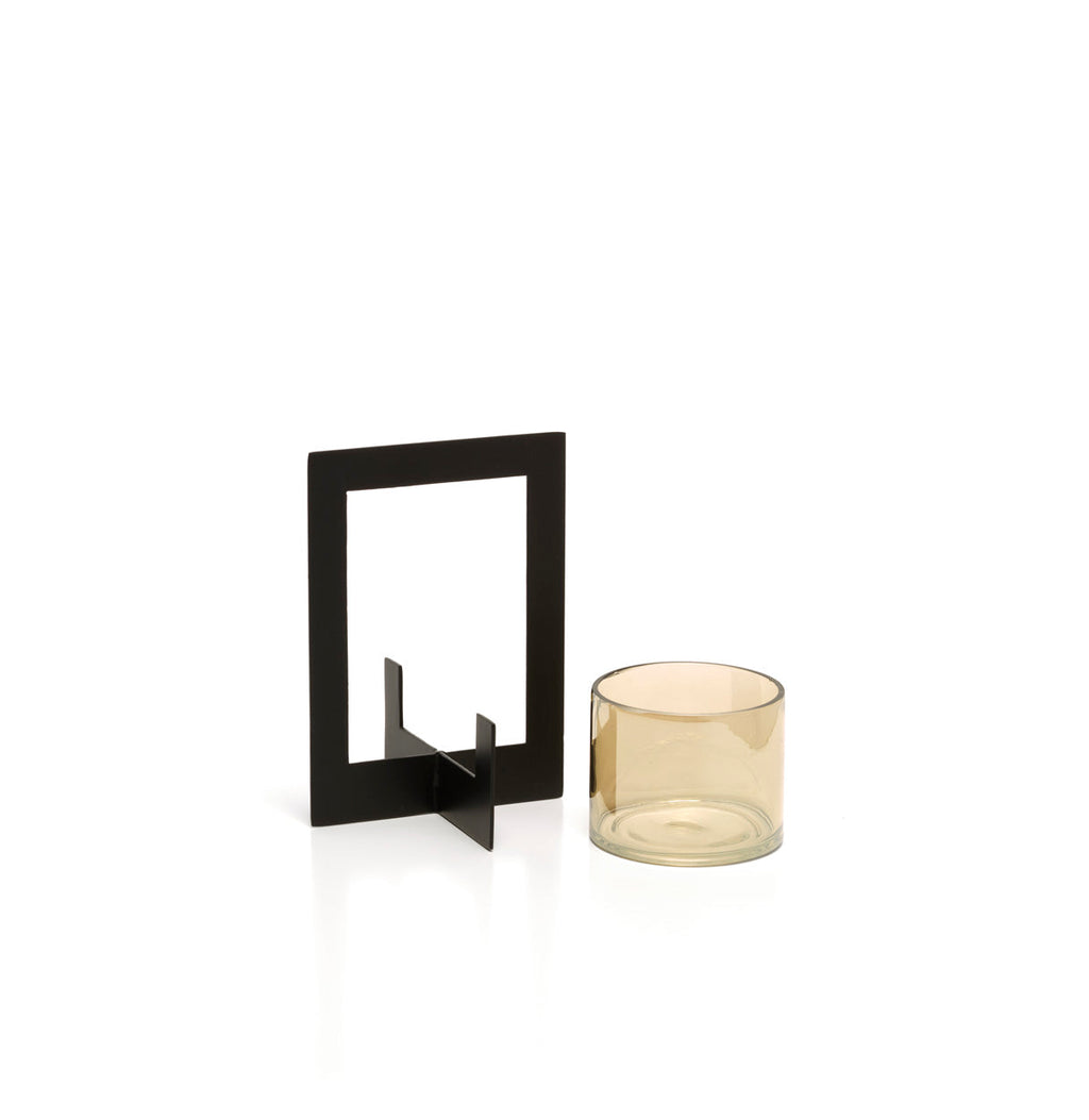 Kaarsenhouder messing en glas, Hurricane ingelijst, zwart – 13 x 13 x 18 cm, voor theelicht of kaars