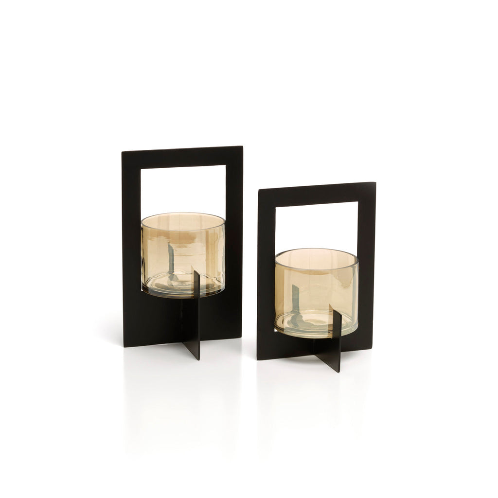 Kaarsenhouder messing en glas, Hurricane ingelijst, zwart – 13 x 13 x 18 cm, voor theelicht of kaars
