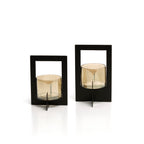 Kaarsenhouder messing en glas, Hurricane ingelijst, zwart – 13 x 13 x 18 cm, voor theelicht of kaars