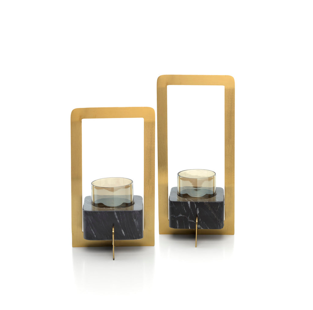Kandelaar messing en glas met zwart marmeren voet, goud-zwart, 18 x 18 x 38 cm, voor eettafel of sidetable