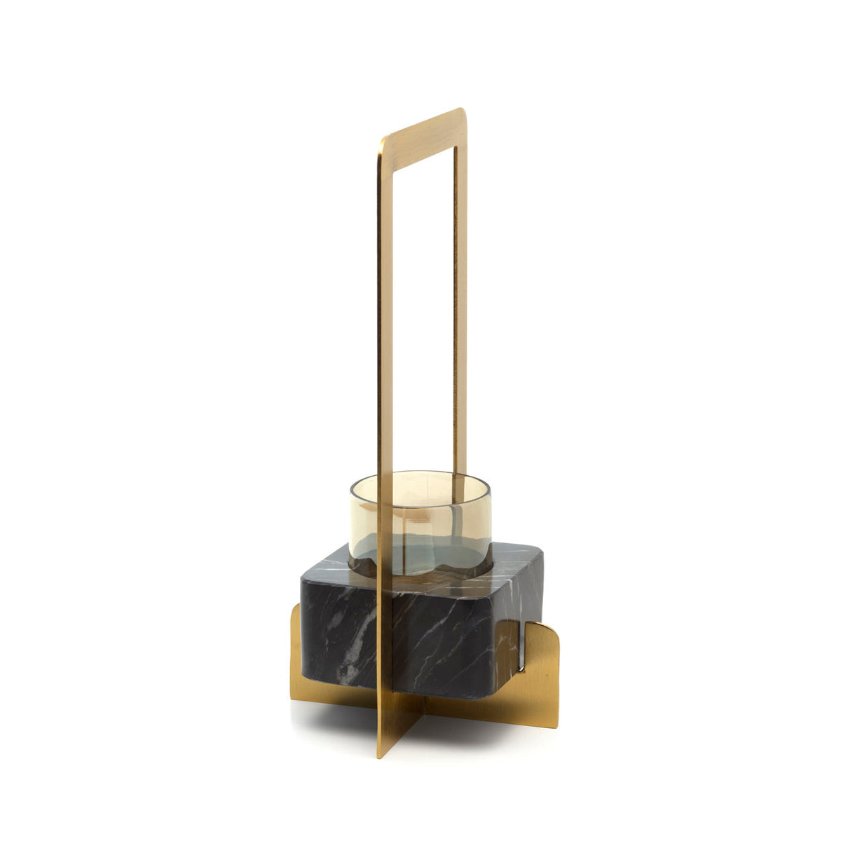 Kandelaar messing en glas Marbre d'Or, goud-zwart, 18 x 18 x 31 cm, art deco voor eettafel of console