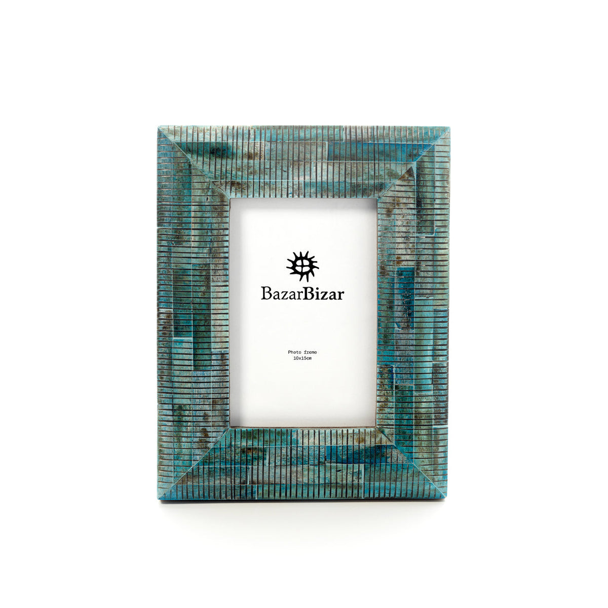Turkooizen fotolijst van buffelbot met fijn lijnenpatroon en wisselende tinten, voor een foto van 10 x 15 cm