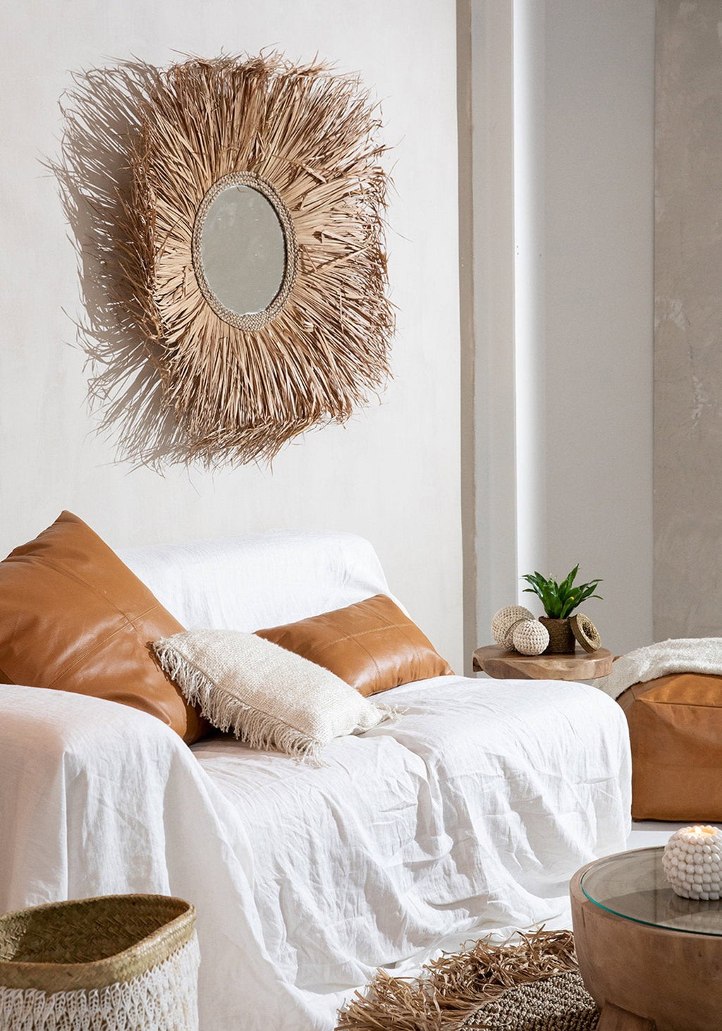 Kussenhoes leer kalfsleer met vier panelen camel 60 x 60 cm, woonkamer en slaapkamer