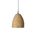 Klokvormige hanglamp van papier-maché in modderkleur met getextureerd oppervlak, aan zwart snoer met metalen ring