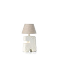 Witte tafellamp met sculpturale papier-maché voet en naturel stoffen kap
