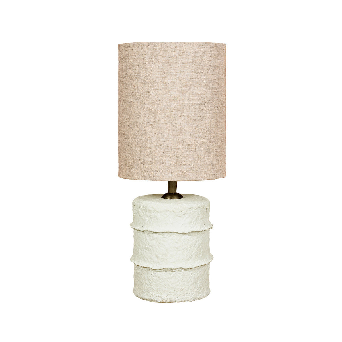 Witte tafellamp met gelaagde papier-maché voet en ronde kap in naturel linnenkleur