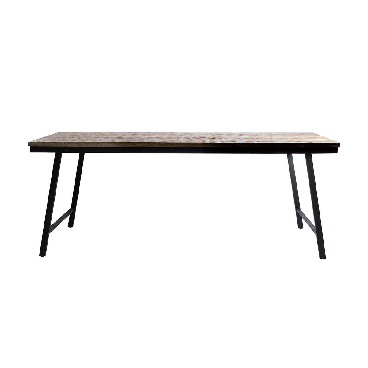 Consoletafel met teakhouten blad in naturel tint en zwart metalen frame, vooraanzicht