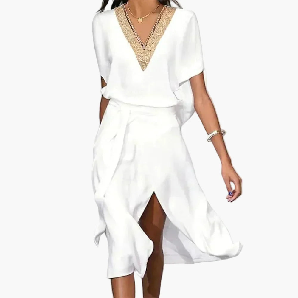 Damen Sommerkleid mit V-Ausschnitt und Schlitz – Elegantes Freizeitkleid für Alltag und Events