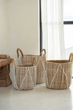 Mand zeegras handgevlochten met wit katoenen patroon, naturel en wit – 35 x 35 x 45 cm, voor opberger of plantenmand