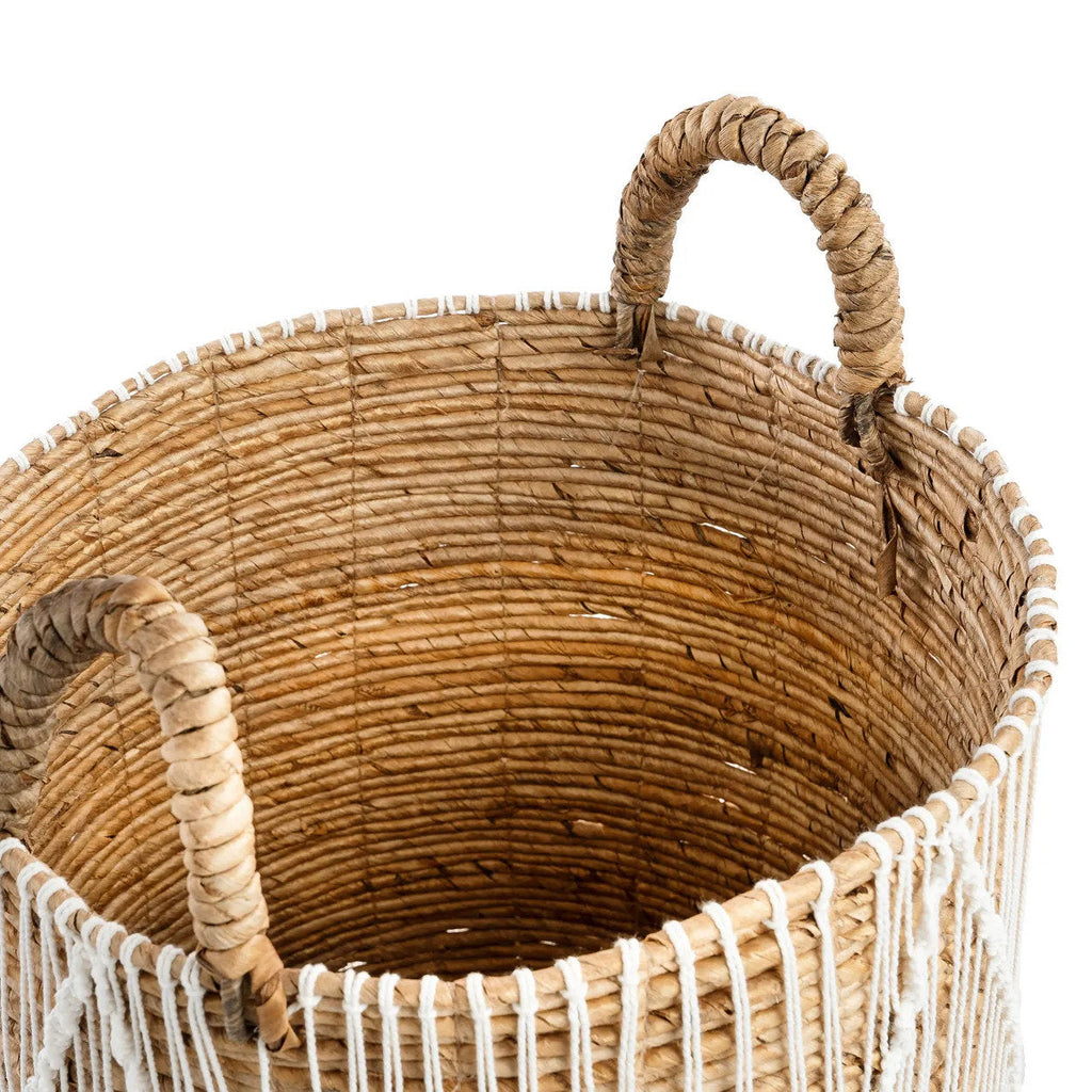 Mand zeegras handgevlochten met wit katoenen patroon, naturel en wit – 35 x 35 x 45 cm, voor opberger of plantenmand