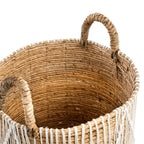 Mand zeegras handgevlochten met wit katoenen patroon, naturel en wit – 35 x 35 x 45 cm, voor opberger of plantenmand