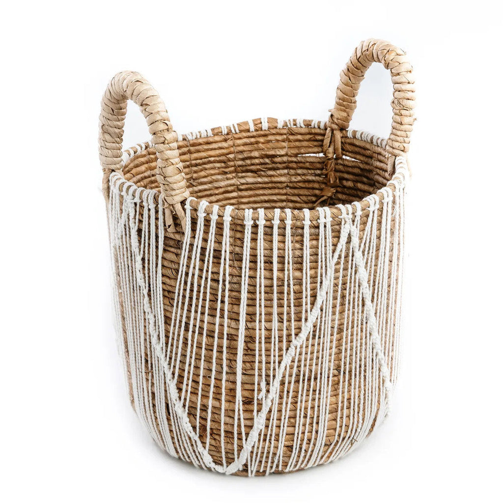 Mand zeegras handgevlochten met wit katoenen patroon, naturel en wit – 35 x 35 x 45 cm, voor opberger of plantenmand