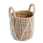 Mand zeegras handgevlochten met wit katoenen patroon, naturel en wit – 35 x 35 x 45 cm, voor opberger of plantenmand