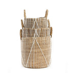 Mand zeegras handgevlochten met wit katoenen patroon, naturel en wit – 35 x 35 x 45 cm, voor opberger of plantenmand