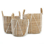 Mand zeegras handgevlochten met wit katoenen patroon, naturel en wit – 35 x 35 x 45 cm, voor opberger of plantenmand