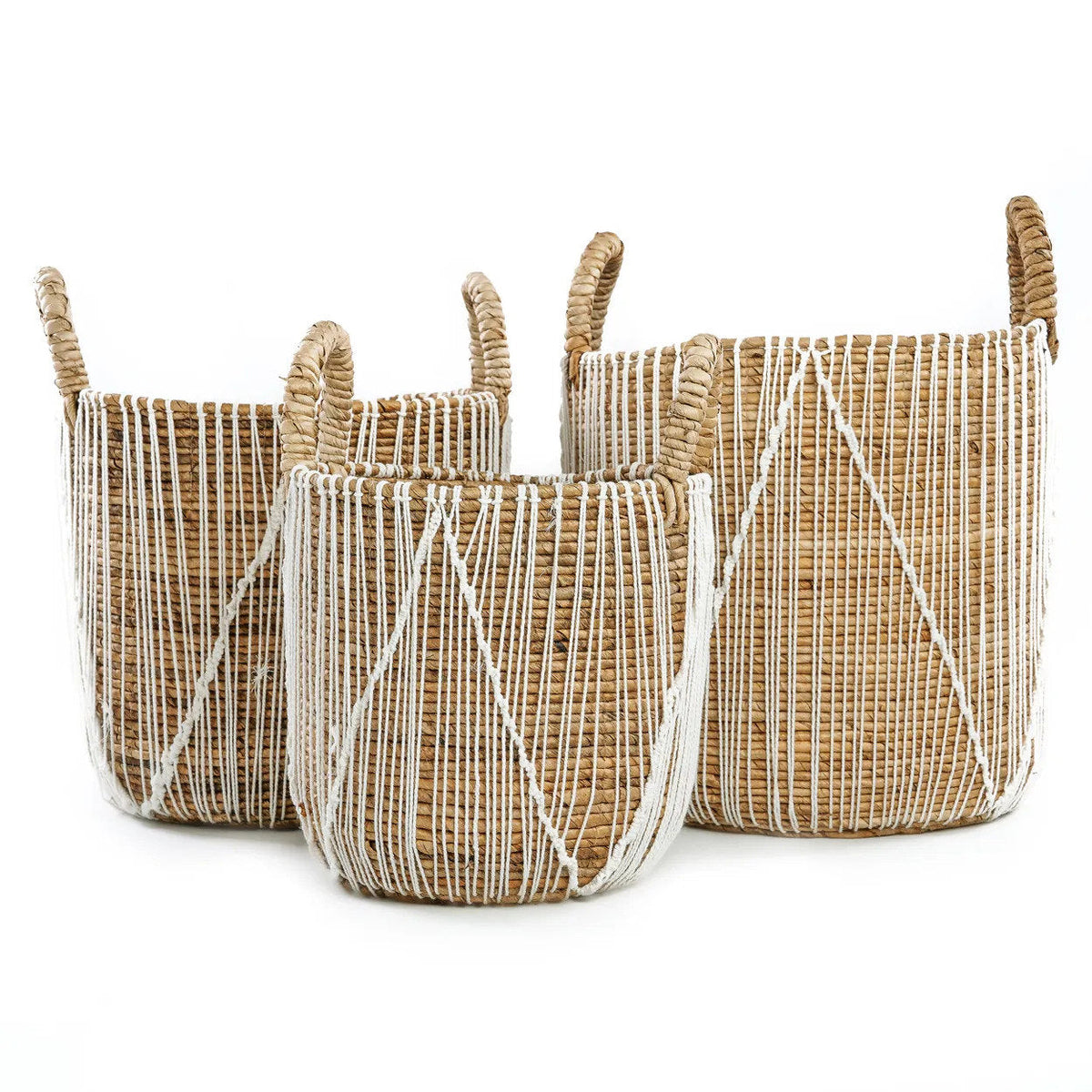 Mand zeegras handgevlochten met wit katoenen patroon, naturel en wit – 35 x 35 x 45 cm, voor opberger of plantenmand
