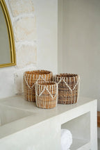 Mand bananenblad en katoen macramé naturel wit, handgemaakt – 17 x 17 x 19 cm