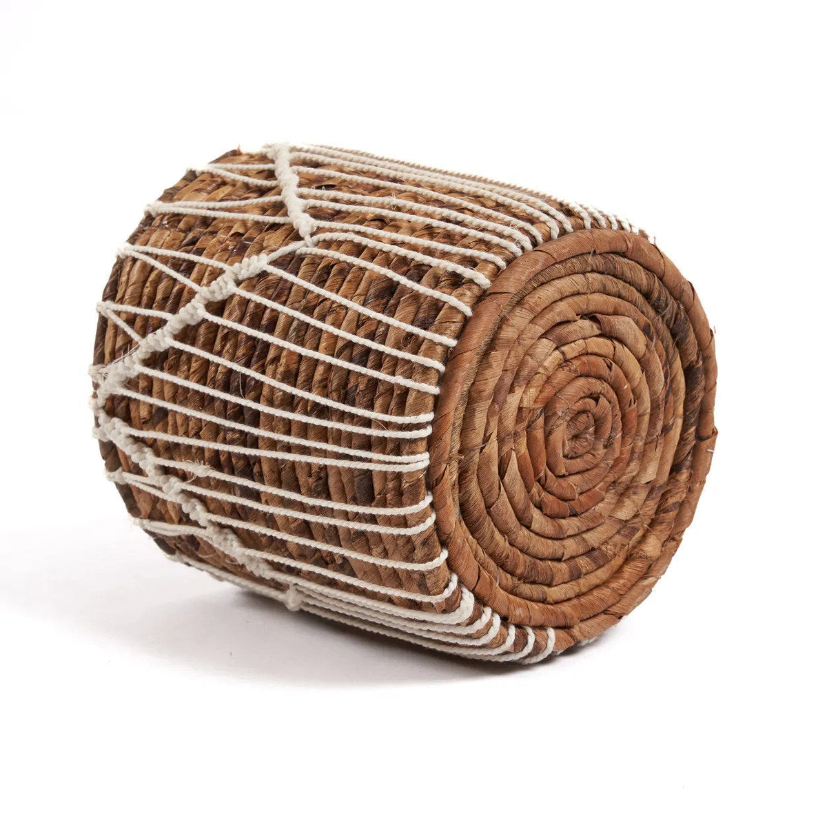 Mand bananenblad en katoen macramé naturel wit, handgemaakt – 17 x 17 x 19 cm