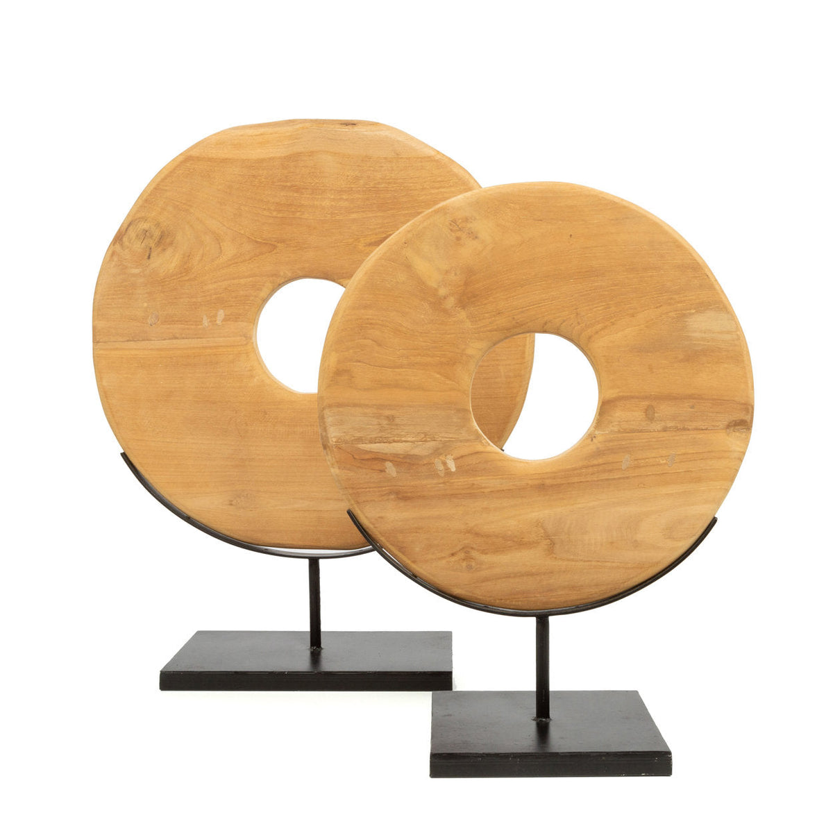 Decoratieve schijf teakhout op standaard, naturel, handgemaakt – 50 x 38 x 12 cm
