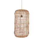 Naturel hanglamp van handgeweven bananenblad met open weving en cilindrische, zachte vorm
